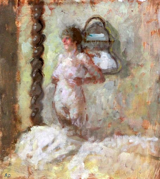 § Bernard Dunstan R.A (1920-) Four Poster and Mirror, 10.5 x 9.5in.